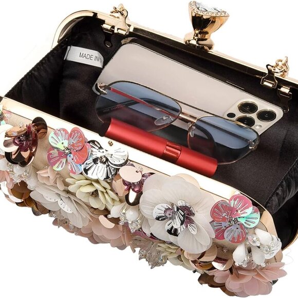 Flower Clutch Purse Evening Bag for Women Formal Party Handbag Chain Strap Shoul - Picture 8 of 8